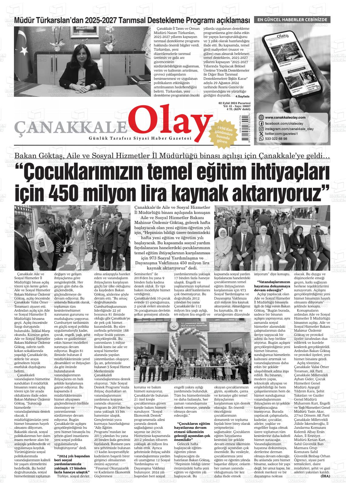 02 Eylül 2024 Çanakkale Olay Gazete Manşeti