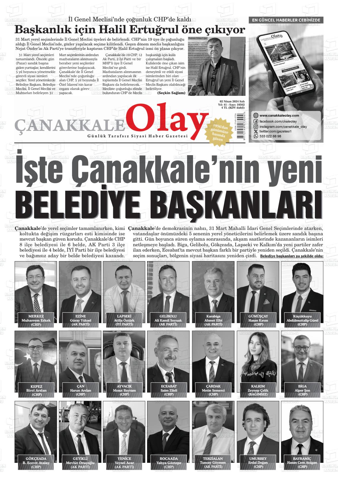 02 Nisan 2024 Çanakkale Olay Gazete Manşeti