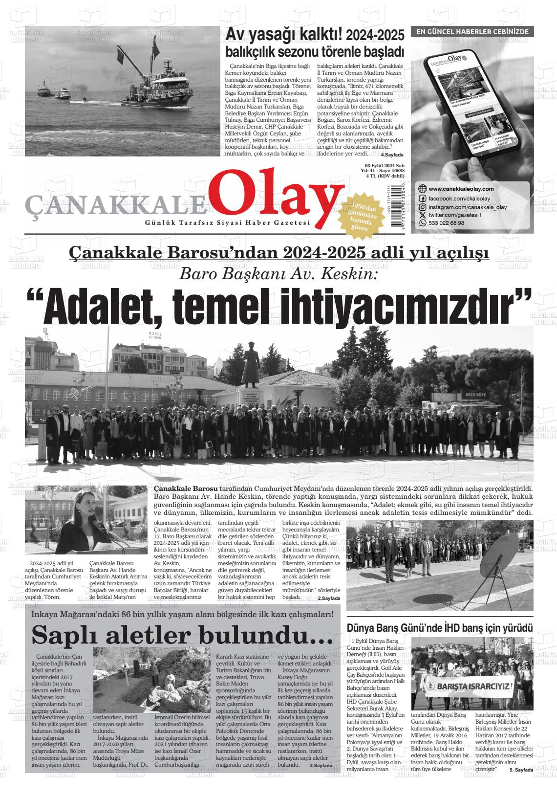 03 Eylül 2024 Çanakkale Olay Gazete Manşeti