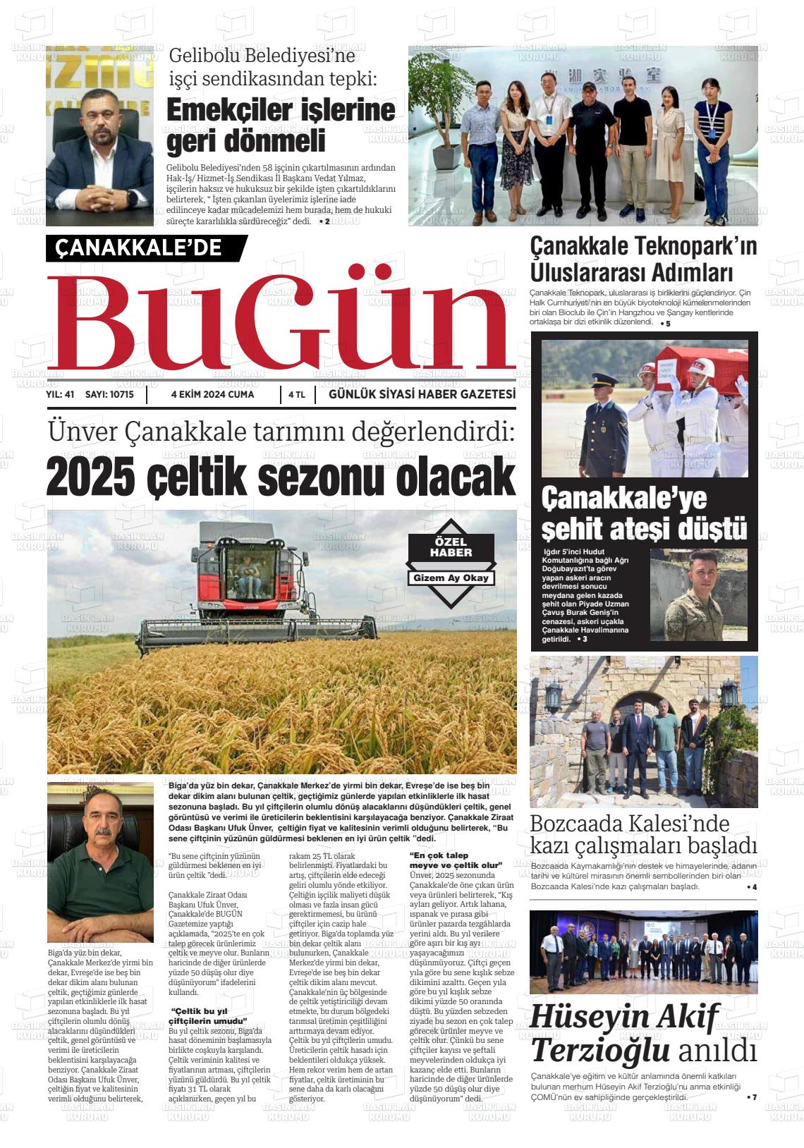 04 Ekim 2024 Çanakkale Olay Gazete Manşeti