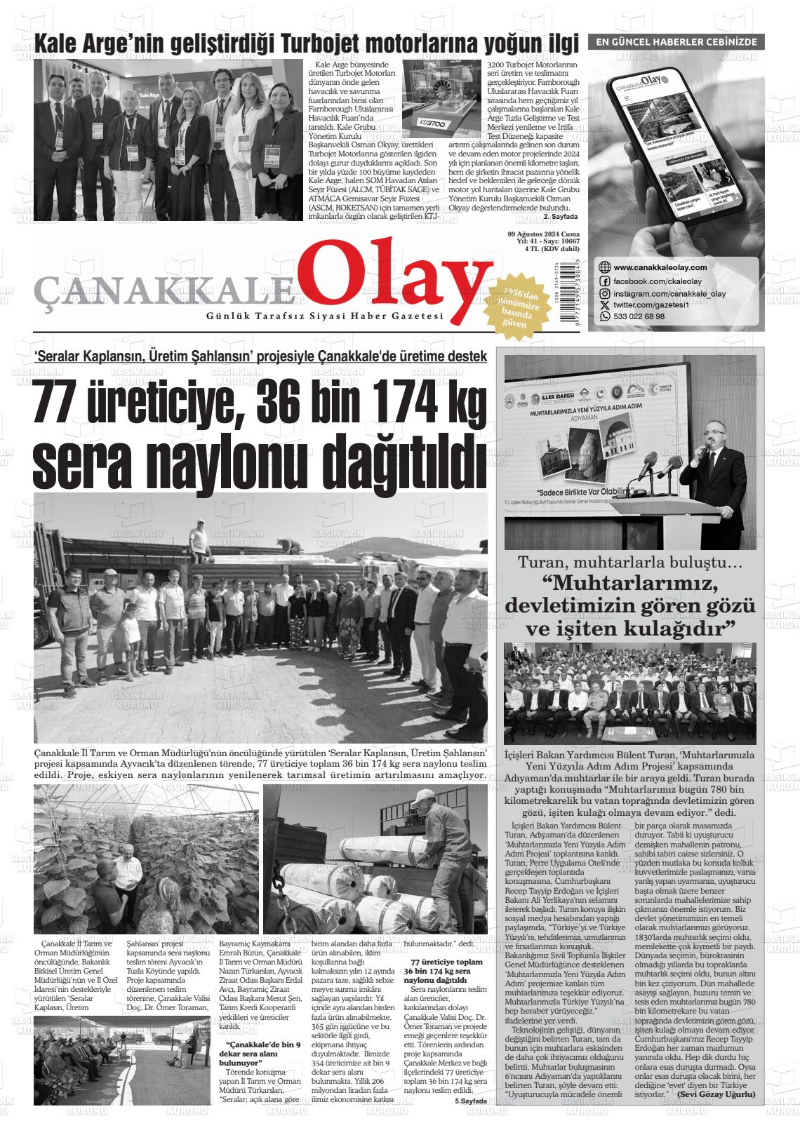 09 Ağustos 2024 Çanakkale Olay Gazete Manşeti