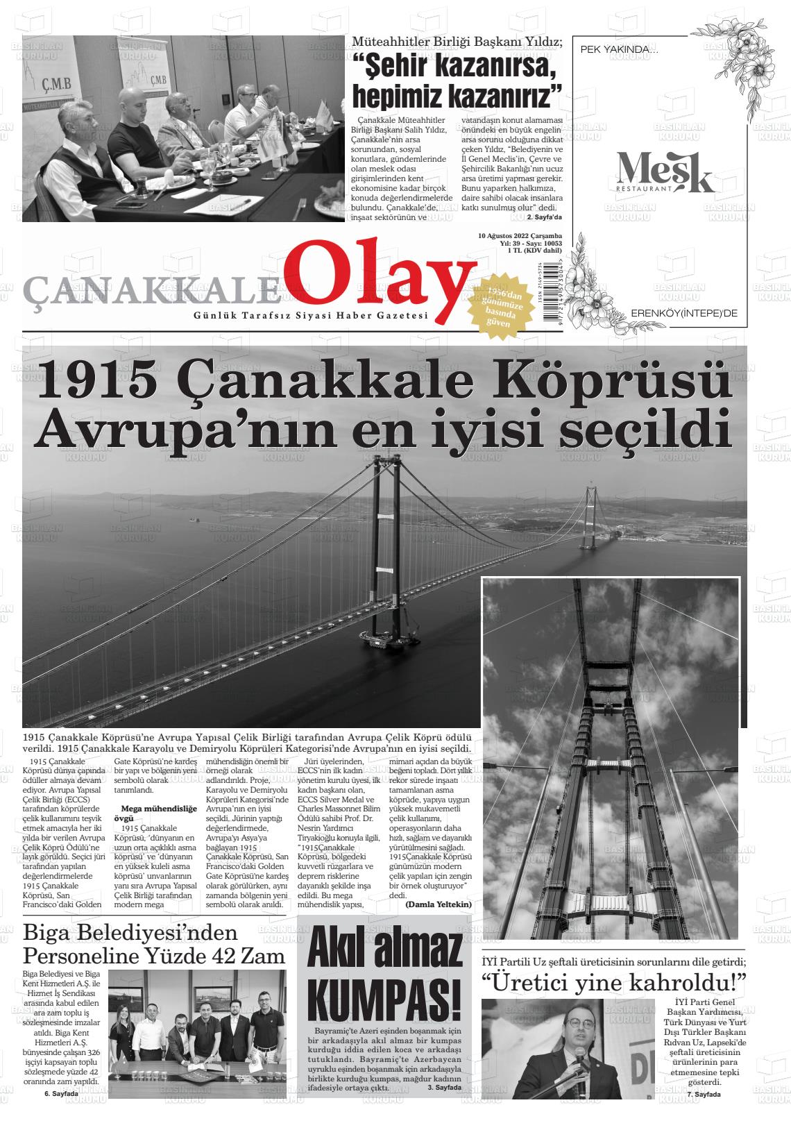 10 Ağustos 2022 Çanakkale Olay Gazete Manşeti