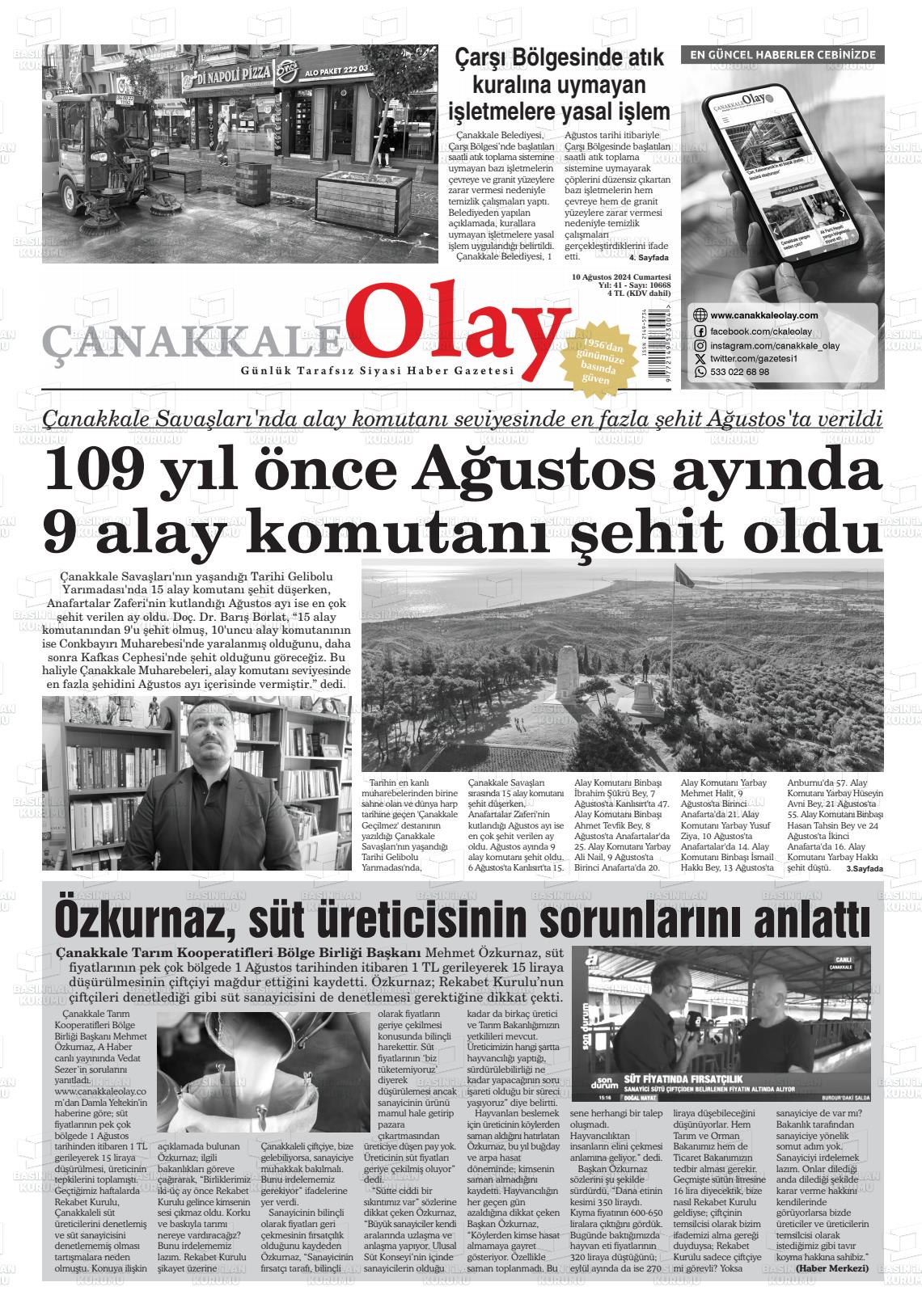 10 Ağustos 2024 Çanakkale Olay Gazete Manşeti