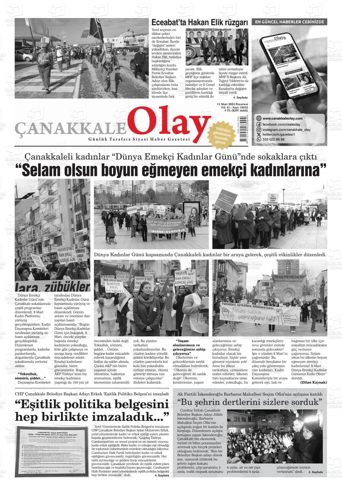 11 Mart 2024 Çanakkale Olay Gazete Manşeti