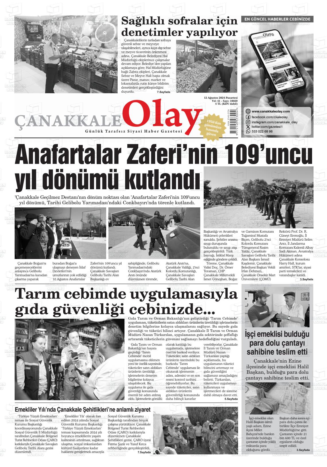 12 Ağustos 2024 Çanakkale Olay Gazete Manşeti