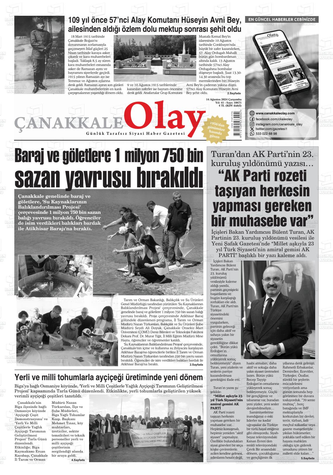 14 Ağustos 2024 Çanakkale Olay Gazete Manşeti