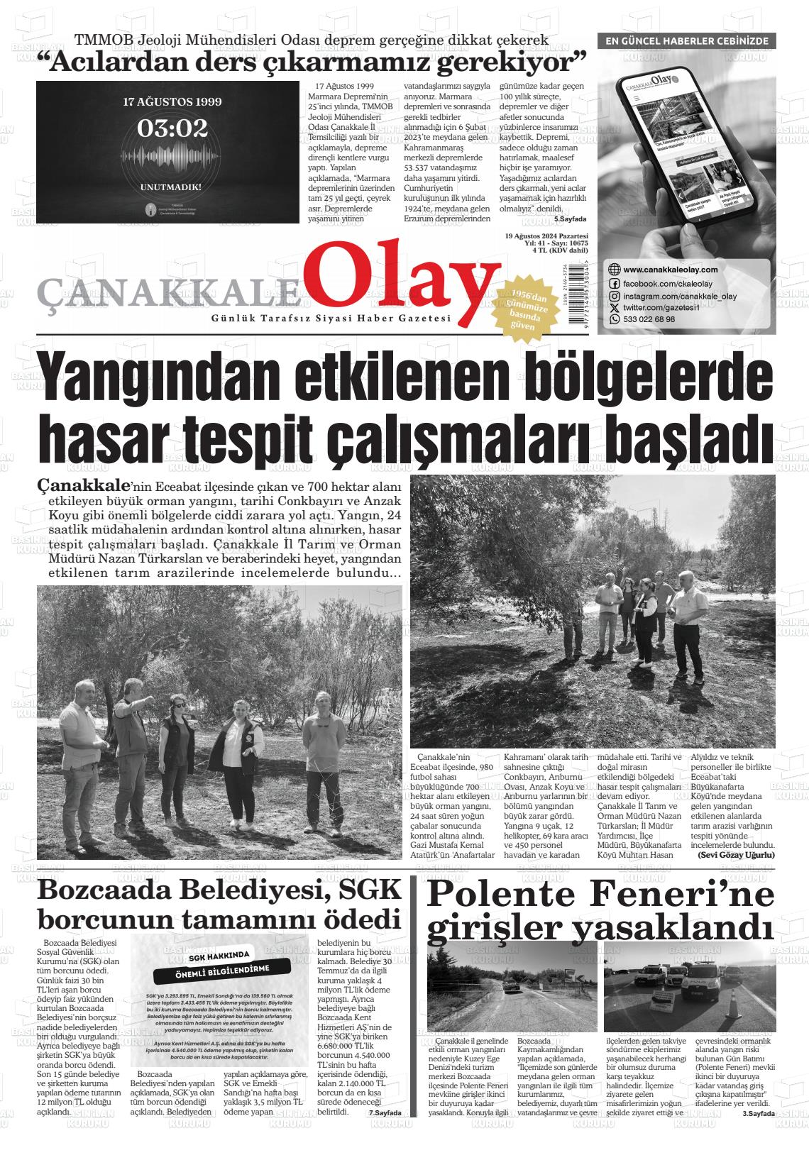 19 Ağustos 2024 Çanakkale Olay Gazete Manşeti