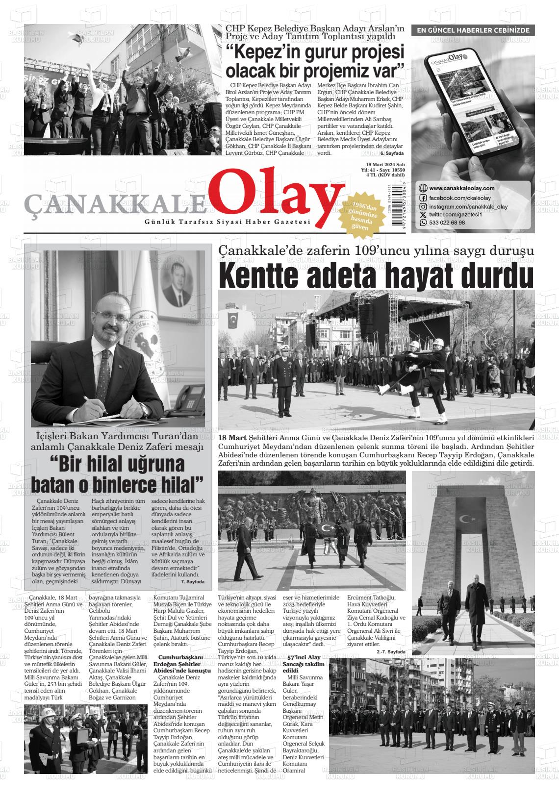 19 Mart 2024 Çanakkale Olay Gazete Manşeti