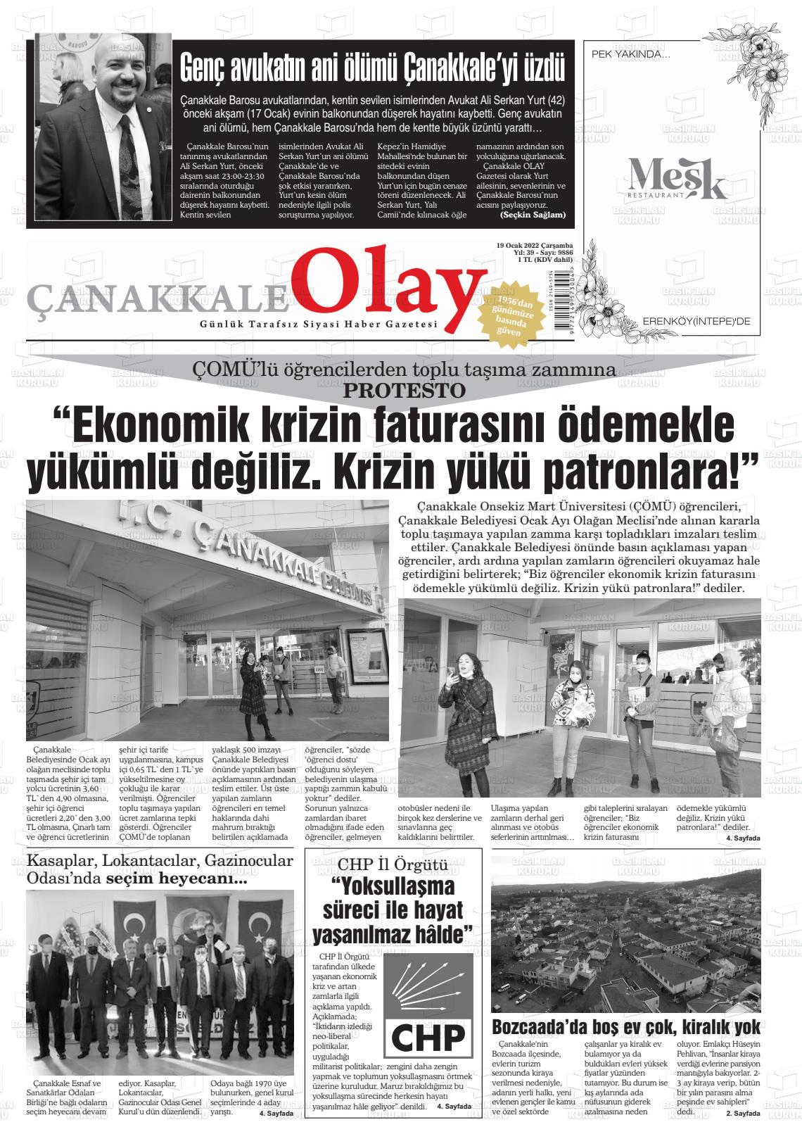 19 Ocak 2022 Çanakkale Olay Gazete Manşeti