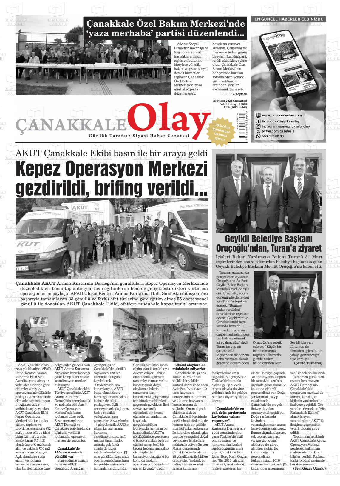 20 Nisan 2024 Çanakkale Olay Gazete Manşeti