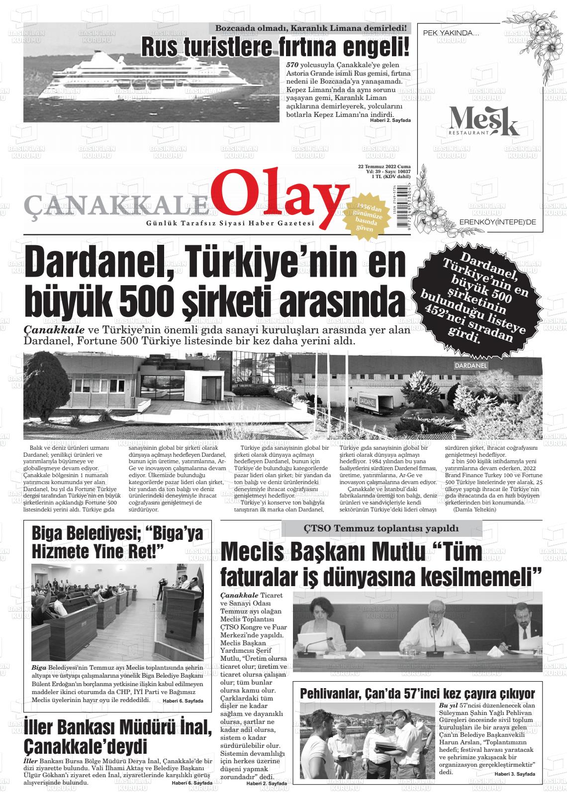 22 Temmuz 2022 Çanakkale Olay Gazete Manşeti