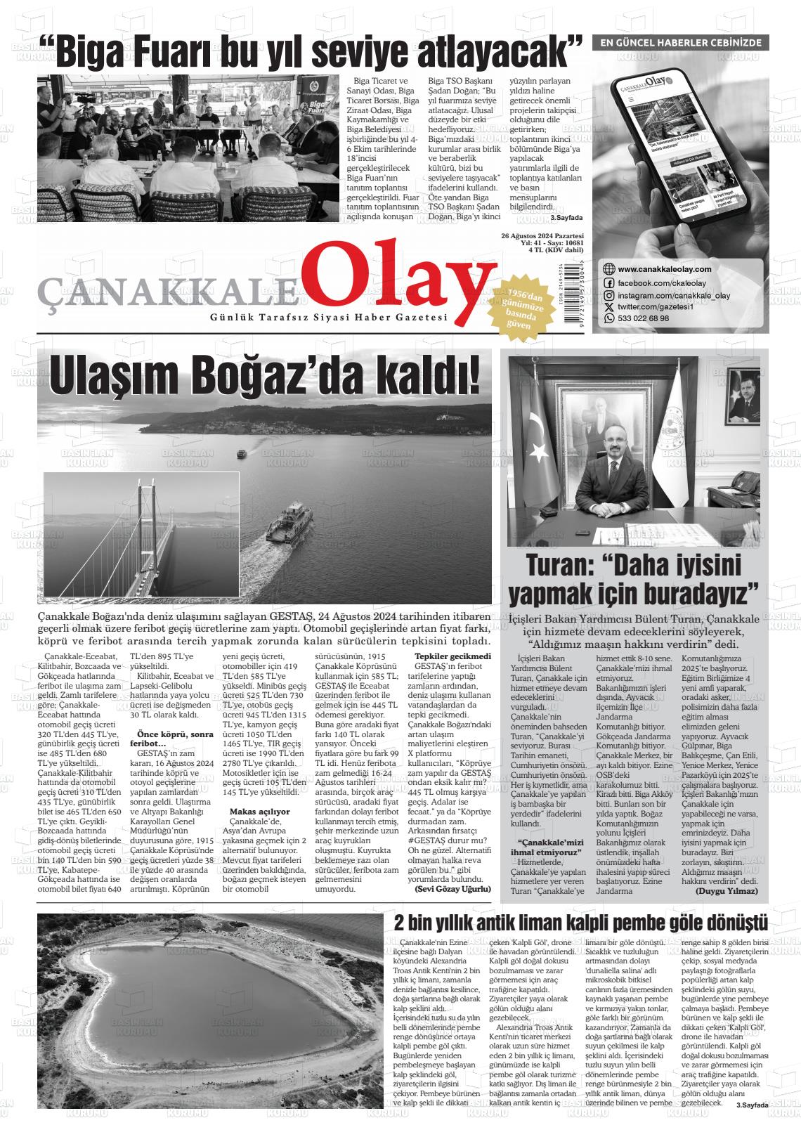 26 Ağustos 2024 Çanakkale Olay Gazete Manşeti