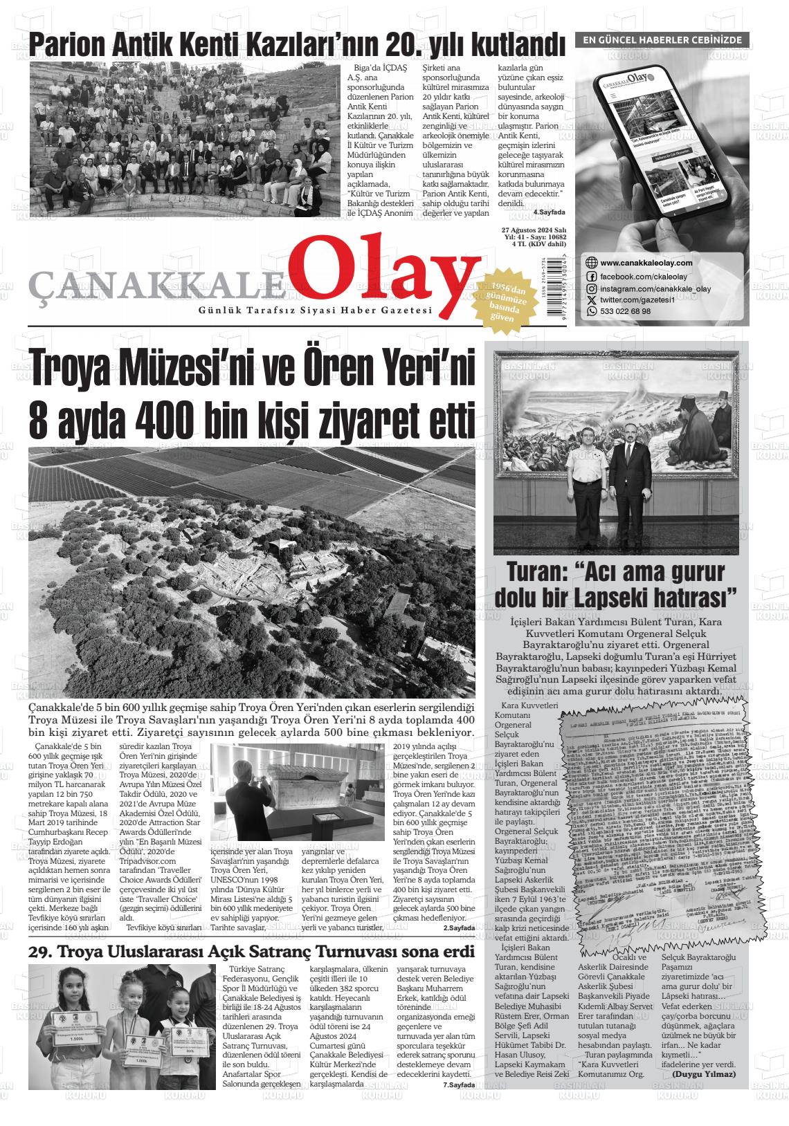 27 Ağustos 2024 Çanakkale Olay Gazete Manşeti