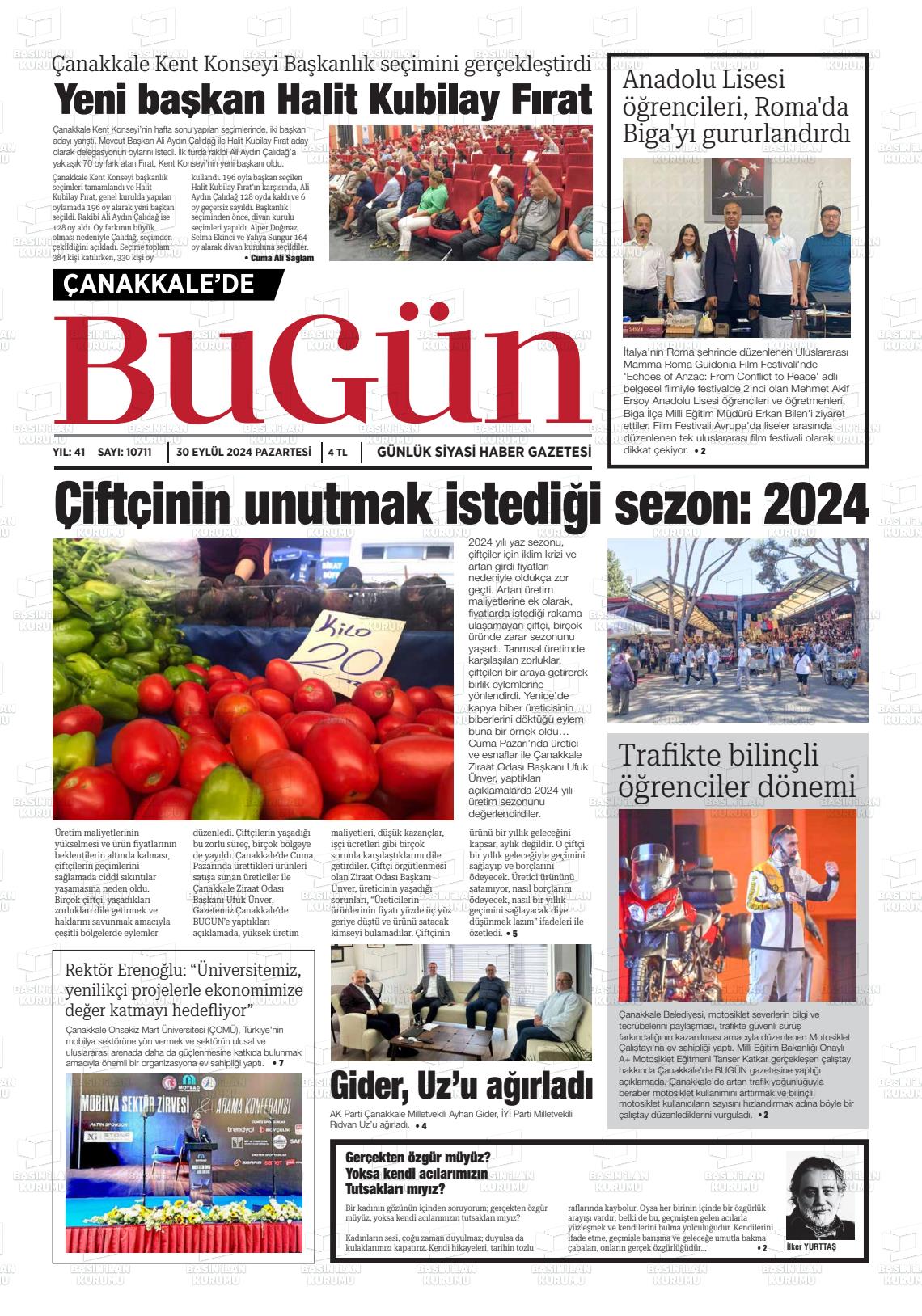 30 Eylül 2024 Çanakkale Olay Gazete Manşeti