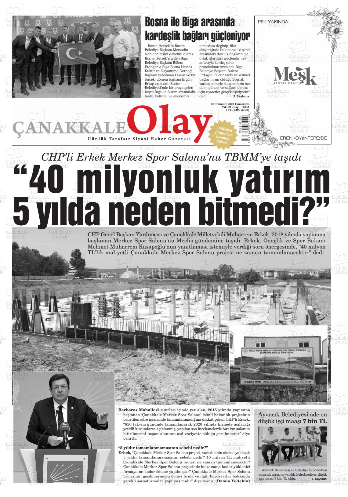 30 Temmuz 2022 Çanakkale Olay Gazete Manşeti