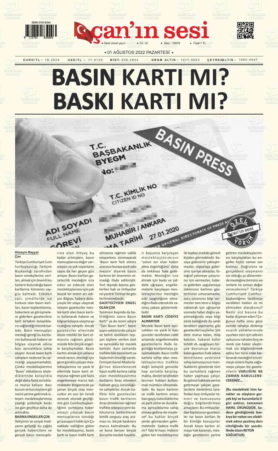 01 Ağustos 2022 Çanın Sesi Gazete Manşeti