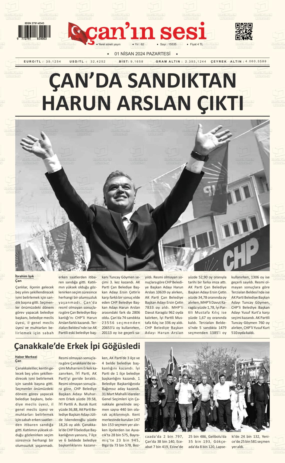 01 Nisan 2024 Çanın Sesi Gazete Manşeti