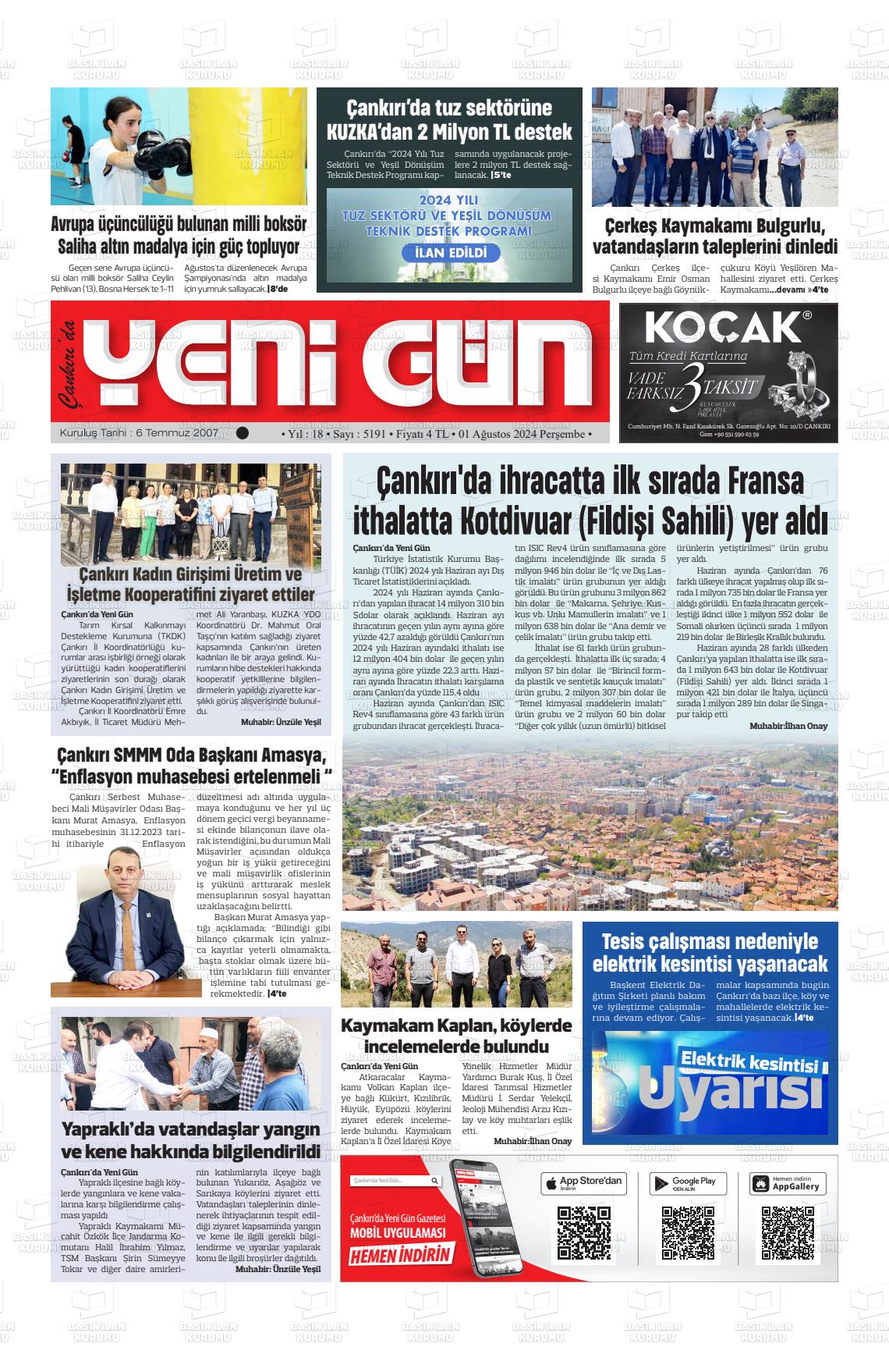 01 Ağustos 2024 Çankırıda Yenigün Gazete Manşeti