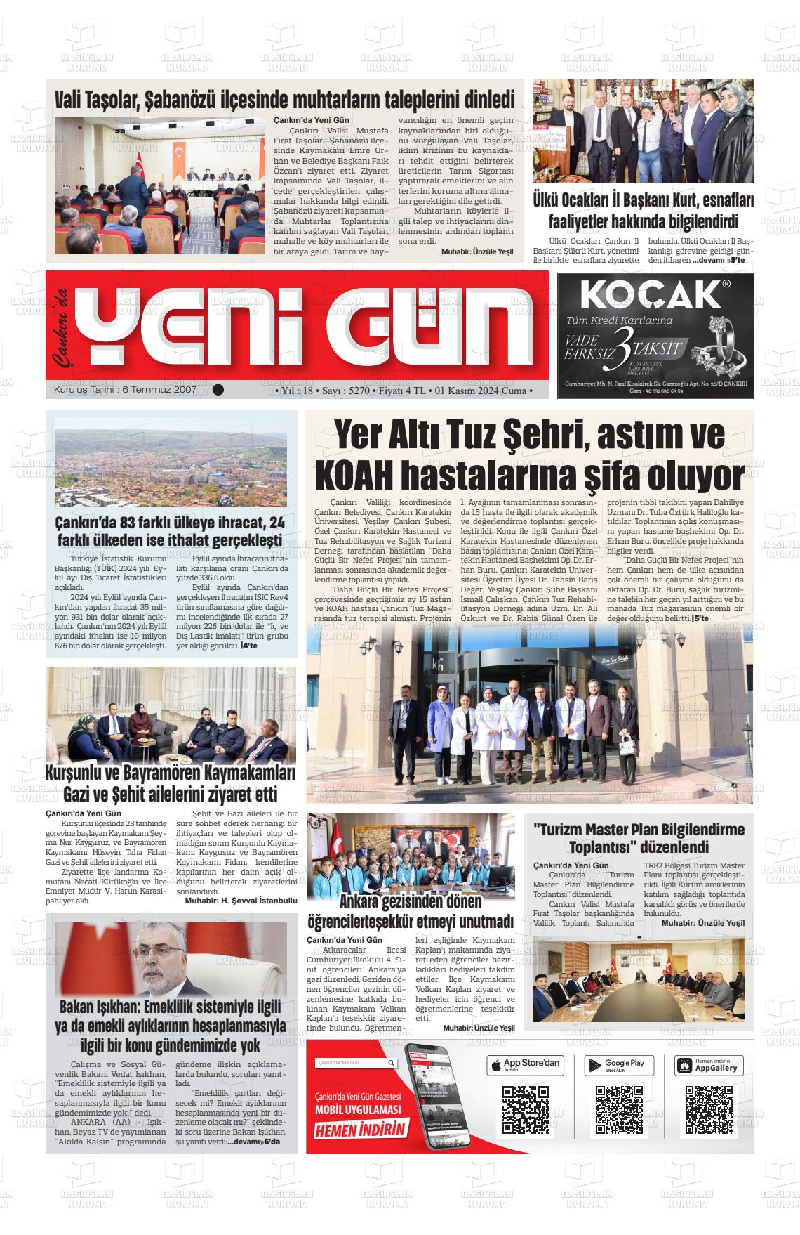 01 Kasım 2024 Çankırıda Yenigün Gazete Manşeti