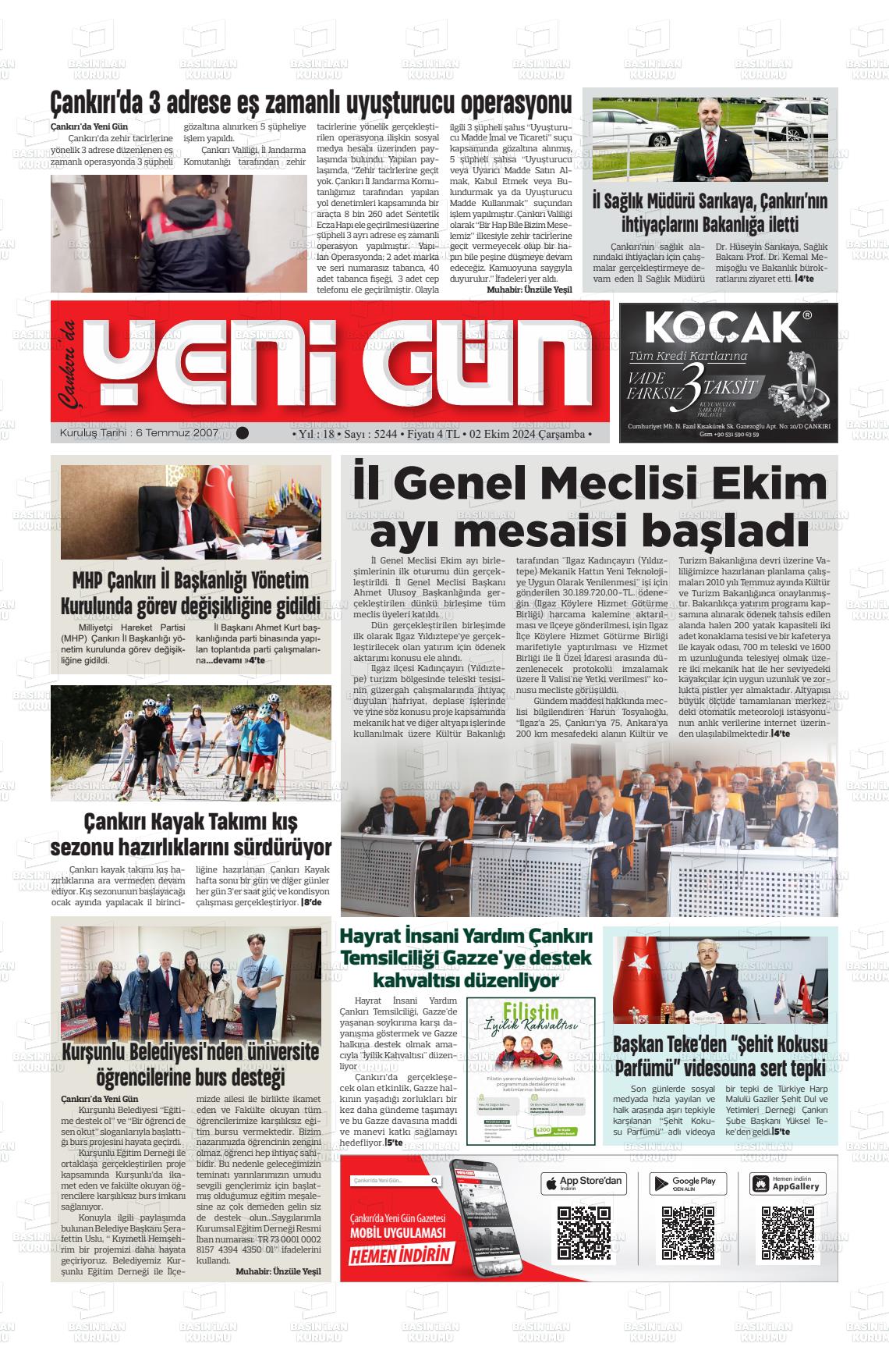 02 Ekim 2024 Çankırıda Yenigün Gazete Manşeti