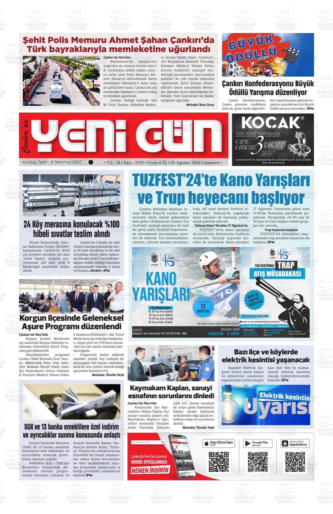 03 Ağustos 2024 Çankırıda Yenigün Gazete Manşeti