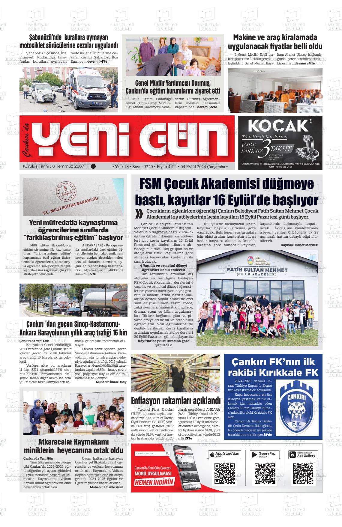 04 Eylül 2024 Çankırıda Yenigün Gazete Manşeti