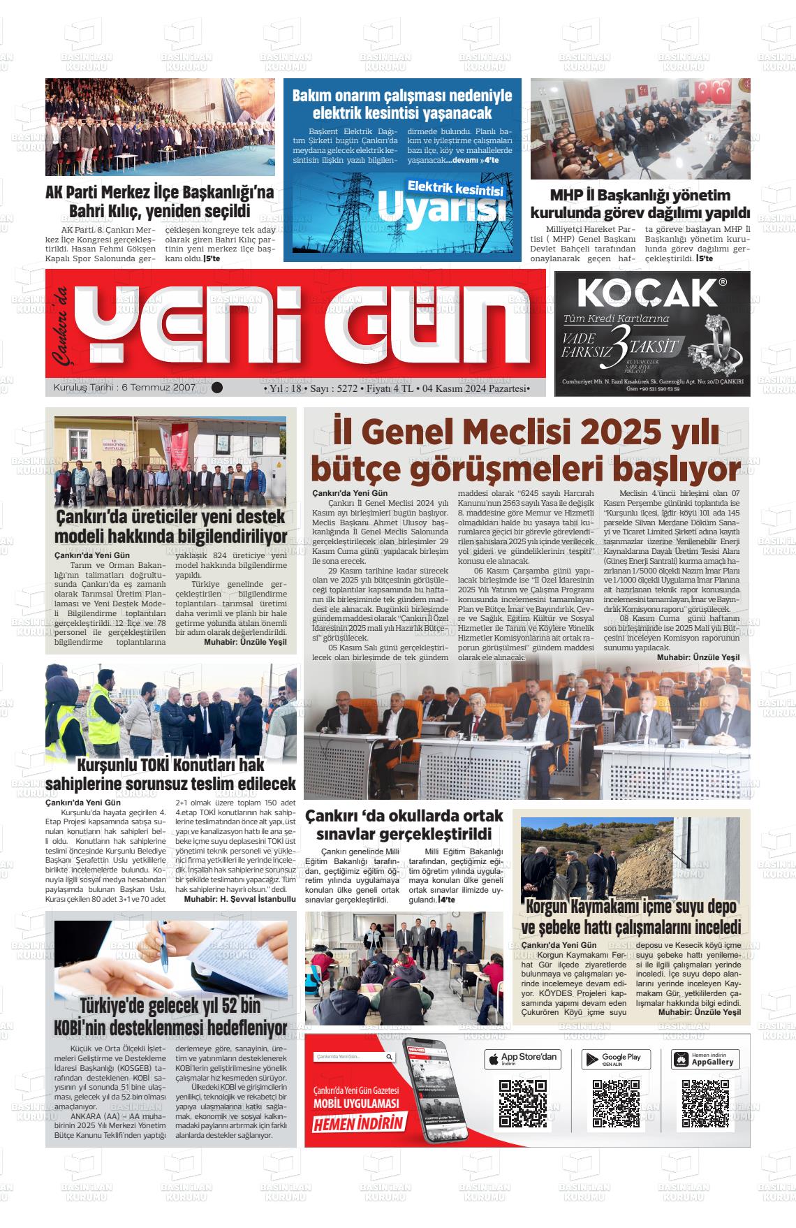 04 Kasım 2024 Çankırıda Yenigün Gazete Manşeti