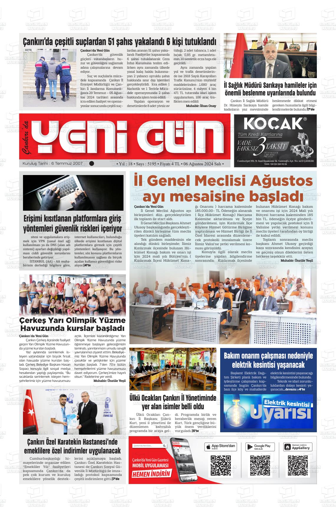 06 Ağustos 2024 Çankırıda Yenigün Gazete Manşeti