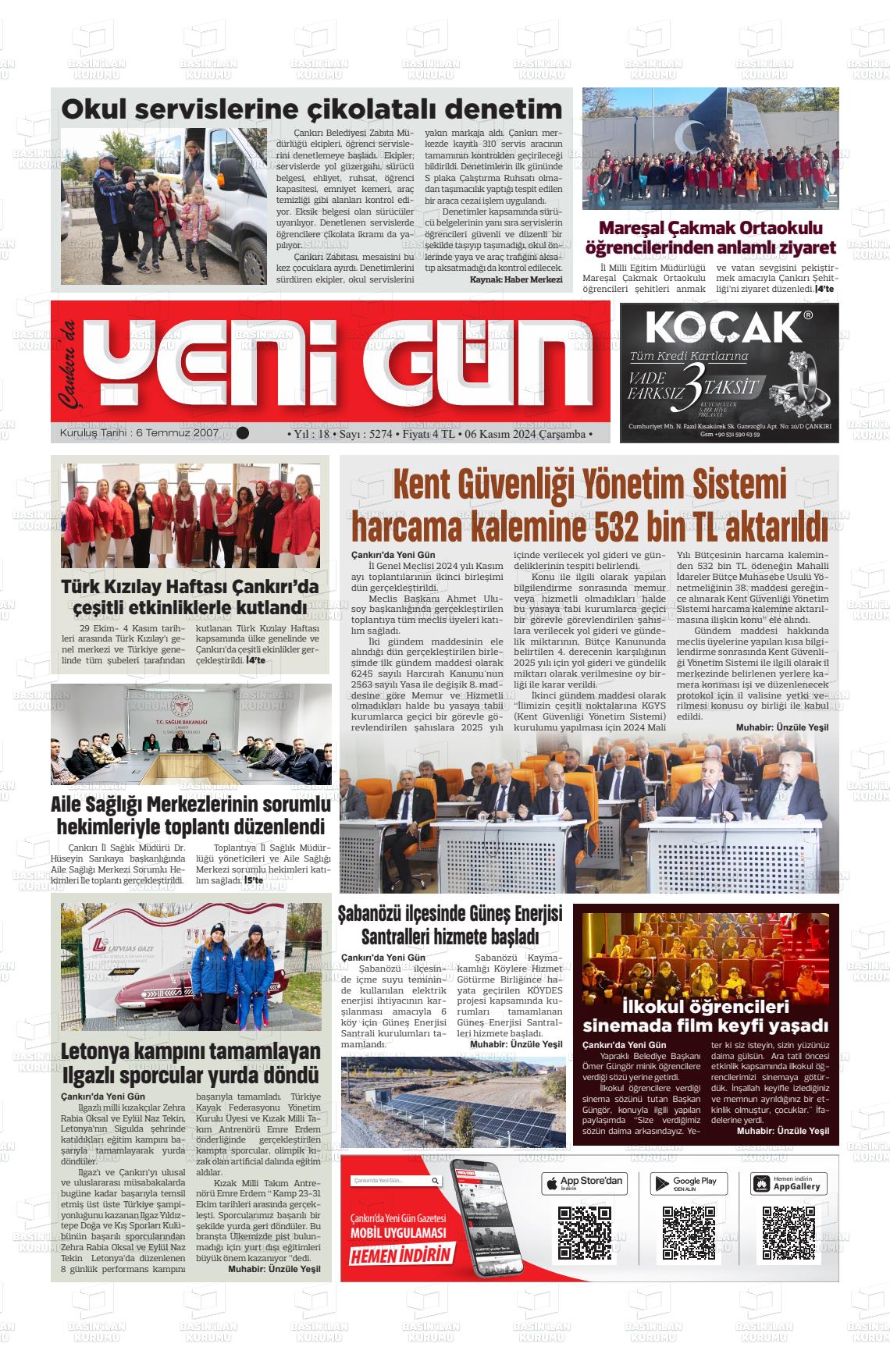 06 Kasım 2024 Çankırıda Yenigün Gazete Manşeti