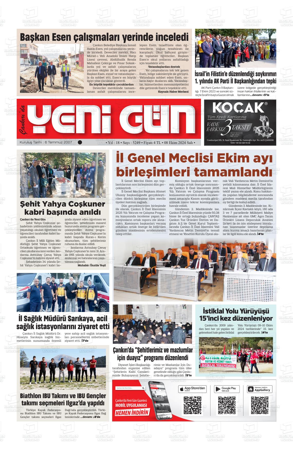 08 Ekim 2024 Çankırıda Yenigün Gazete Manşeti