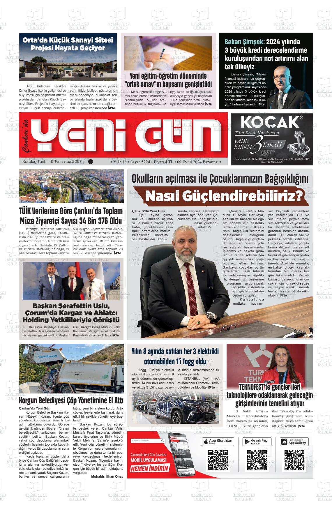 09 Eylül 2024 Çankırıda Yenigün Gazete Manşeti