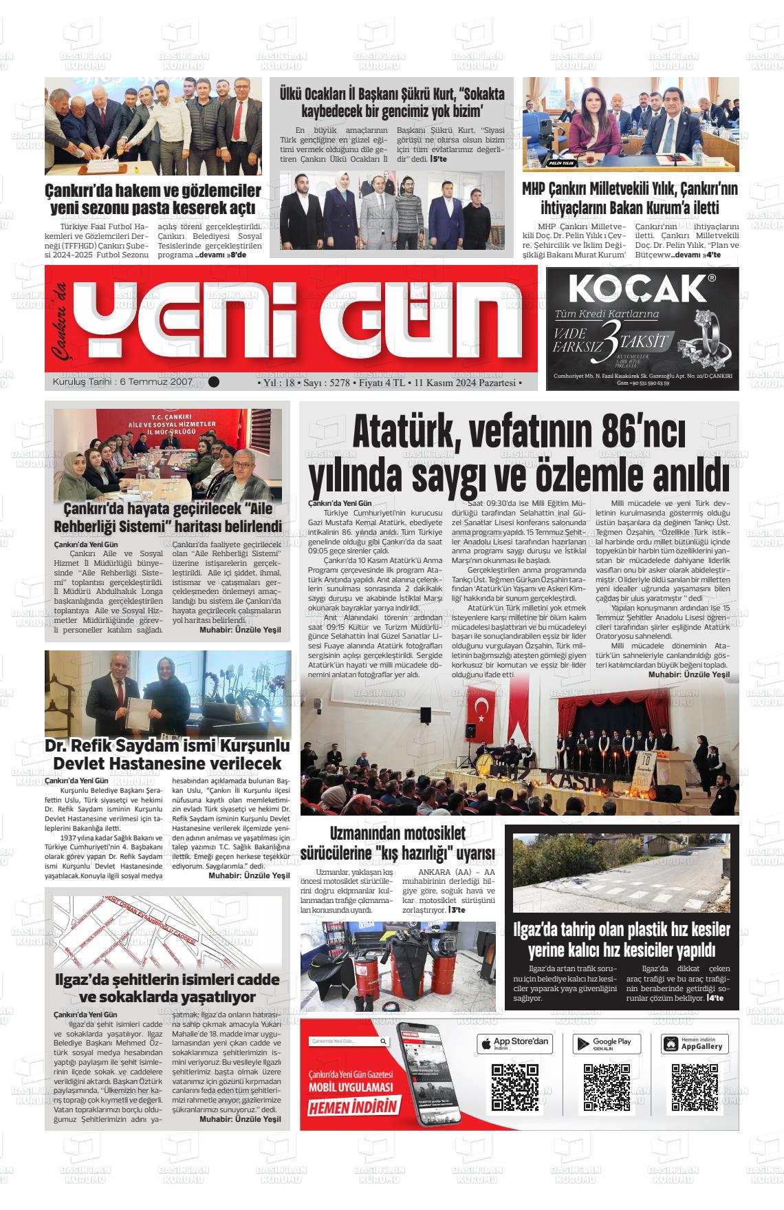 11 Kasım 2024 Çankırıda Yenigün Gazete Manşeti