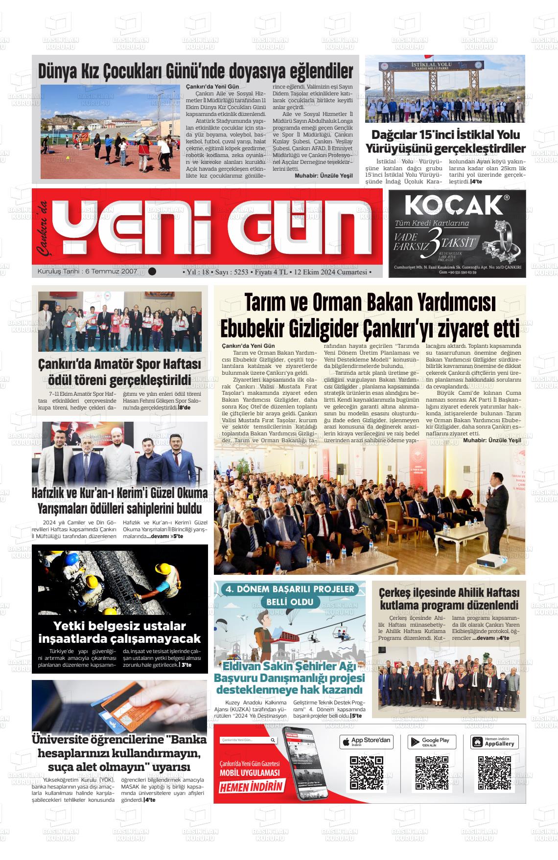 12 Ekim 2024 Çankırıda Yenigün Gazete Manşeti