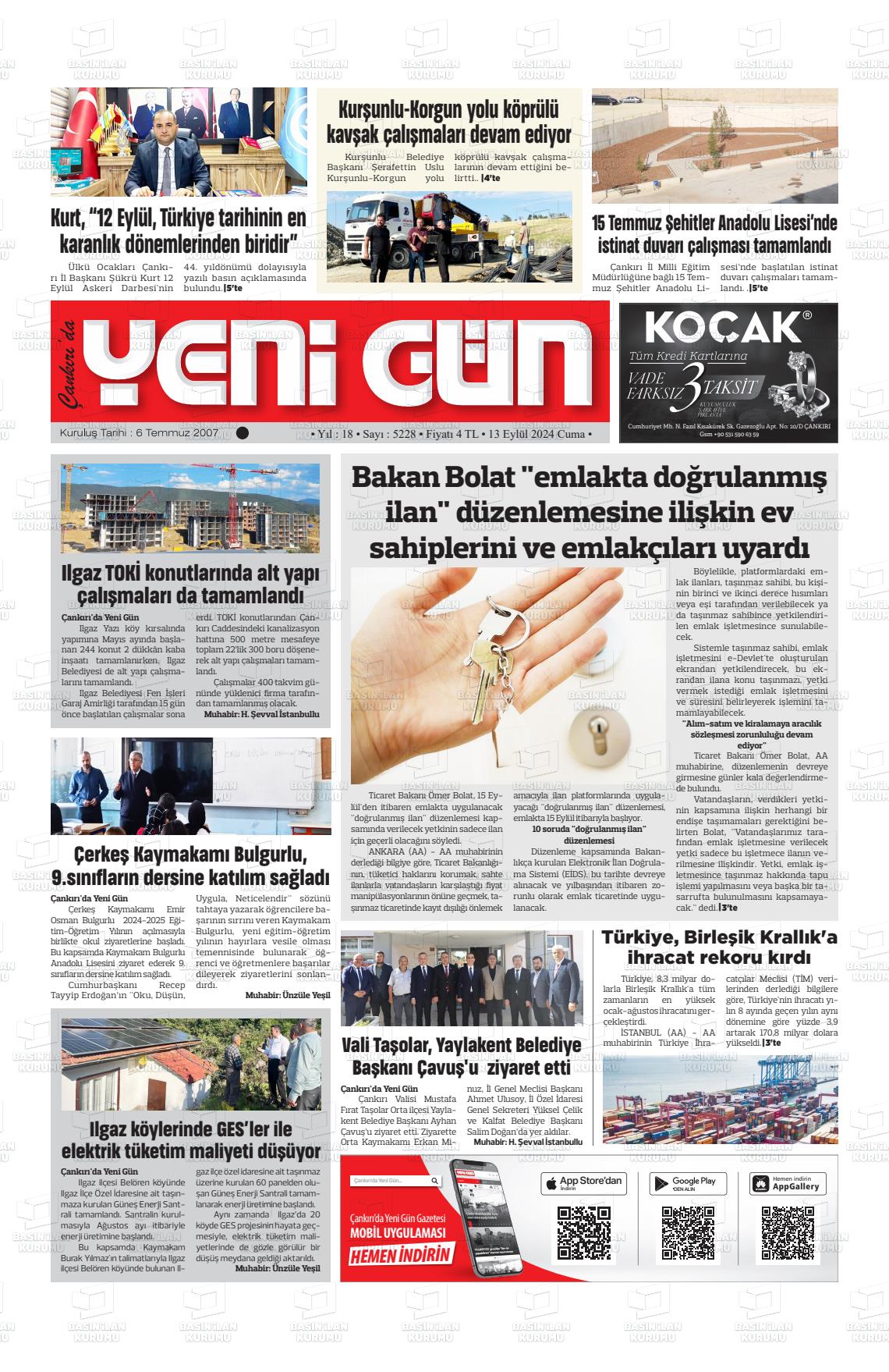 13 Eylül 2024 Çankırıda Yenigün Gazete Manşeti