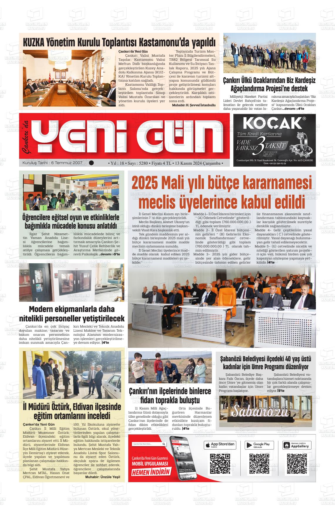 13 Kasım 2024 Çankırıda Yenigün Gazete Manşeti