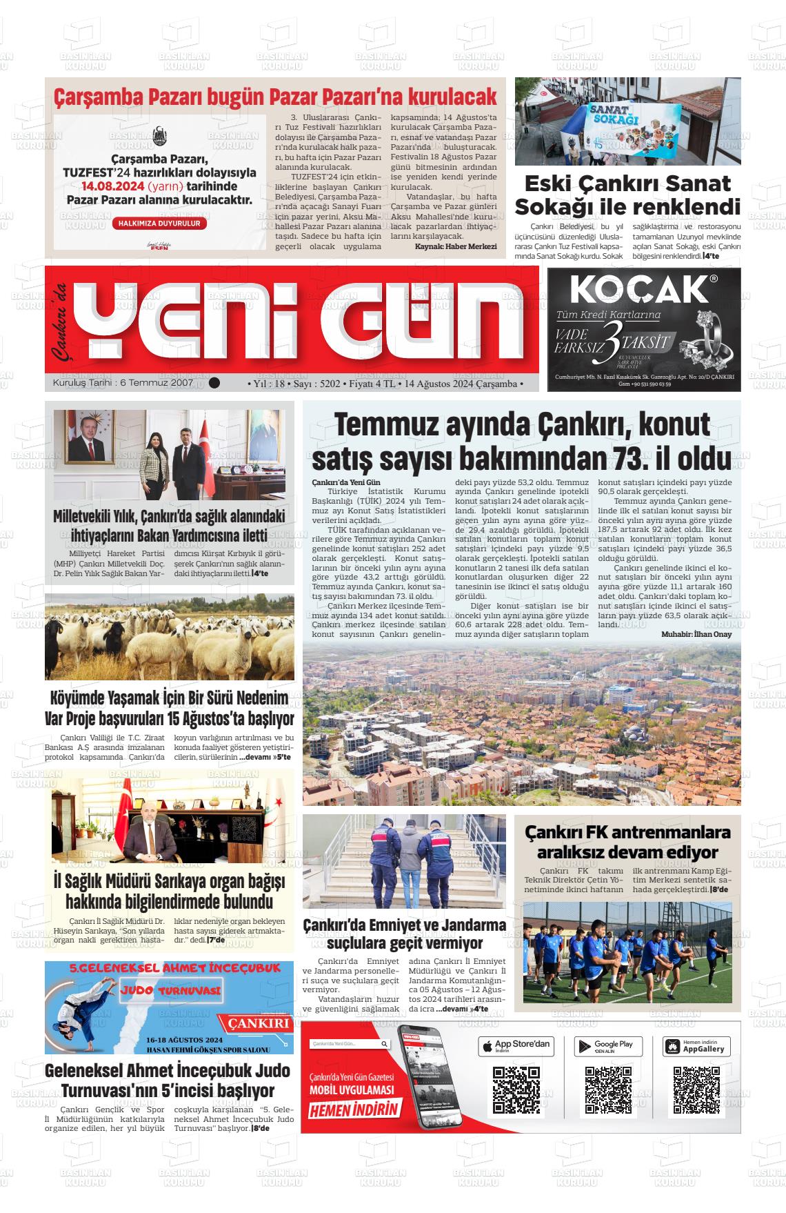 14 Ağustos 2024 Çankırıda Yenigün Gazete Manşeti