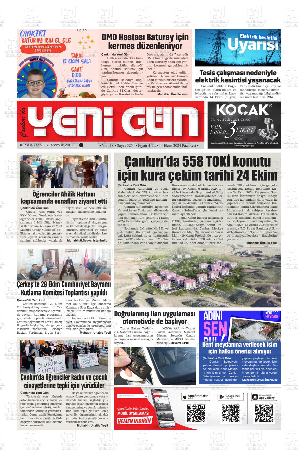 14 Ekim 2024 Çankırıda Yenigün Gazete Manşeti