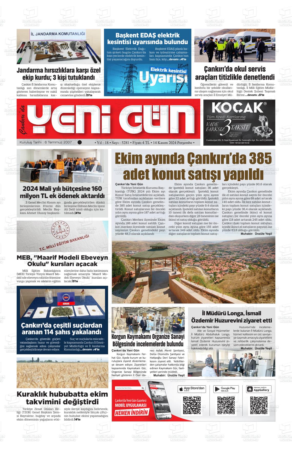 14 Kasım 2024 Çankırıda Yenigün Gazete Manşeti