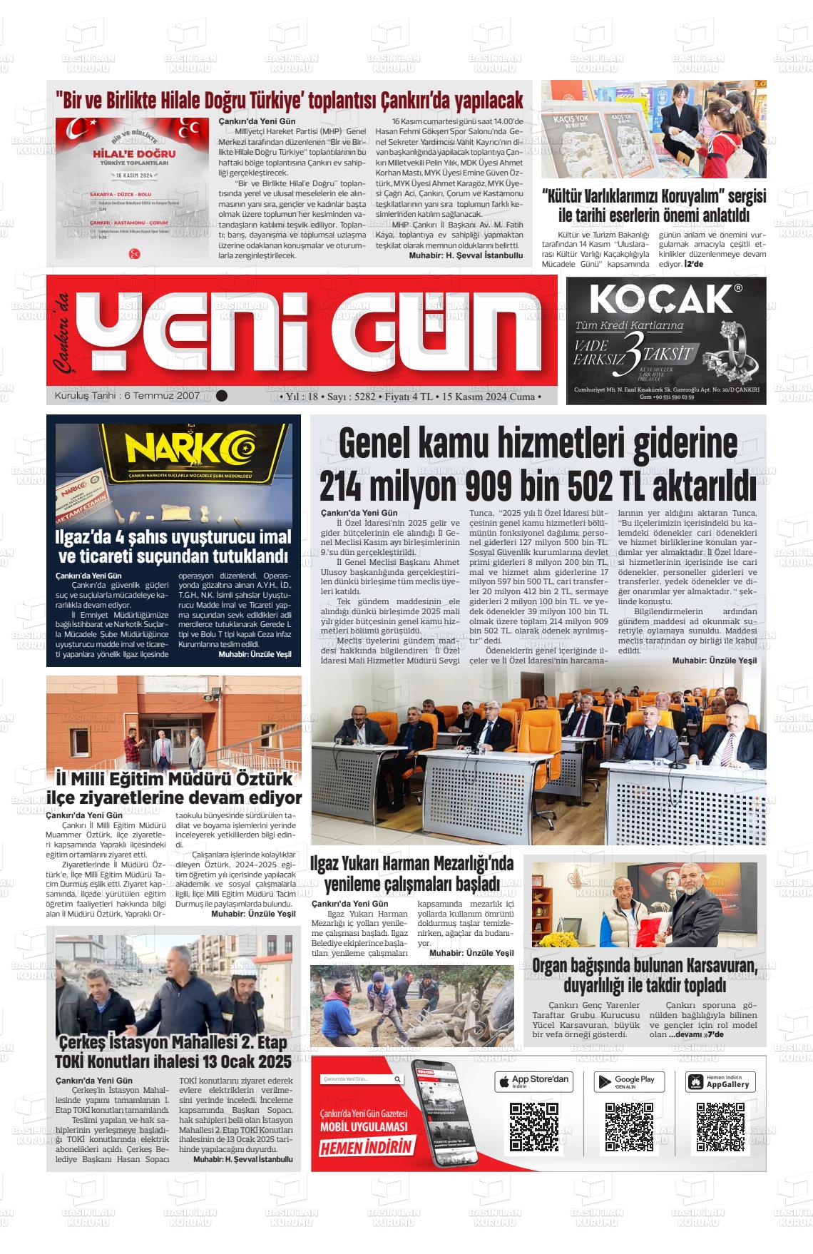 15 Kasım 2024 Çankırıda Yenigün Gazete Manşeti