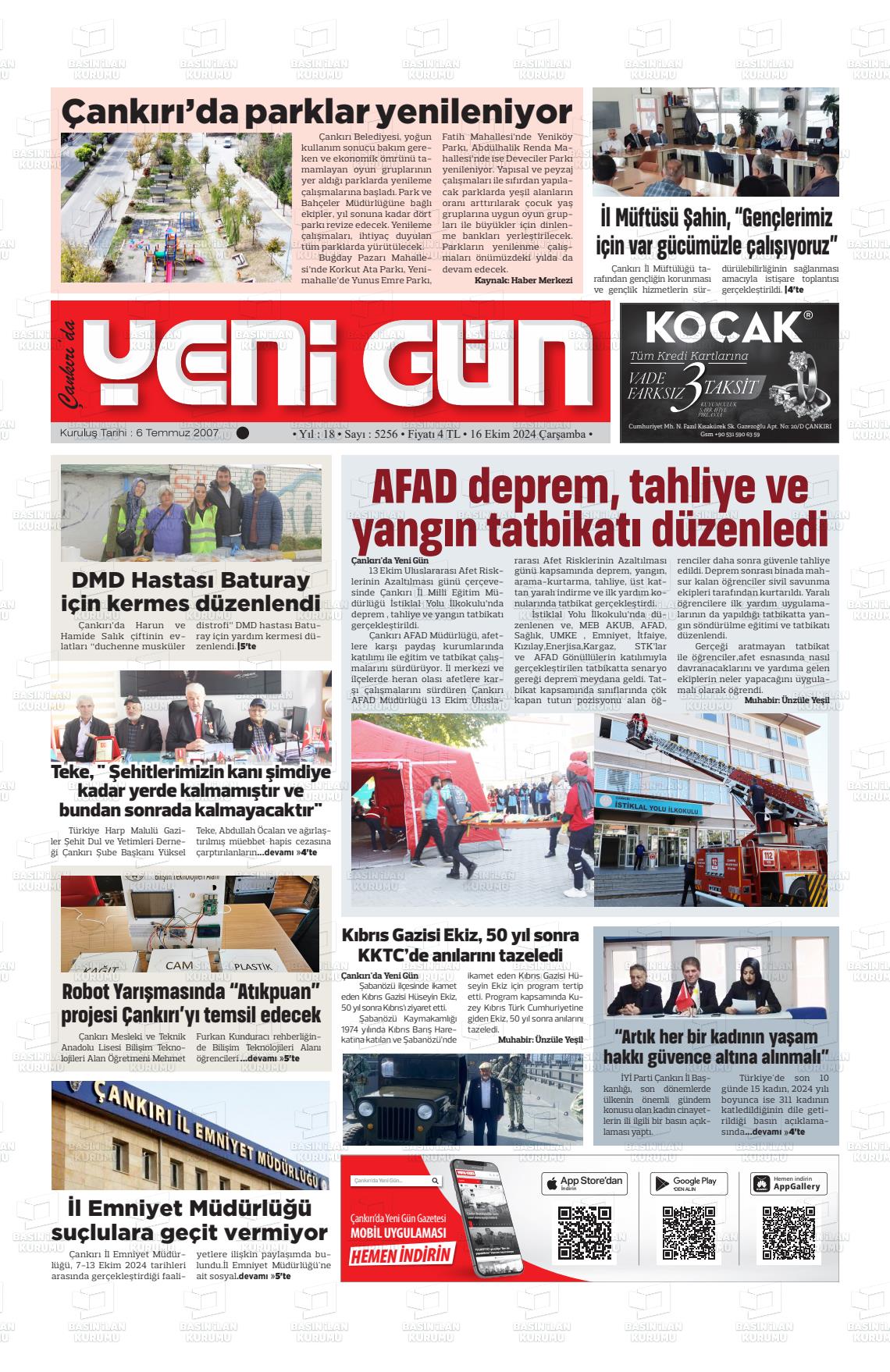 16 Ekim 2024 Çankırıda Yenigün Gazete Manşeti