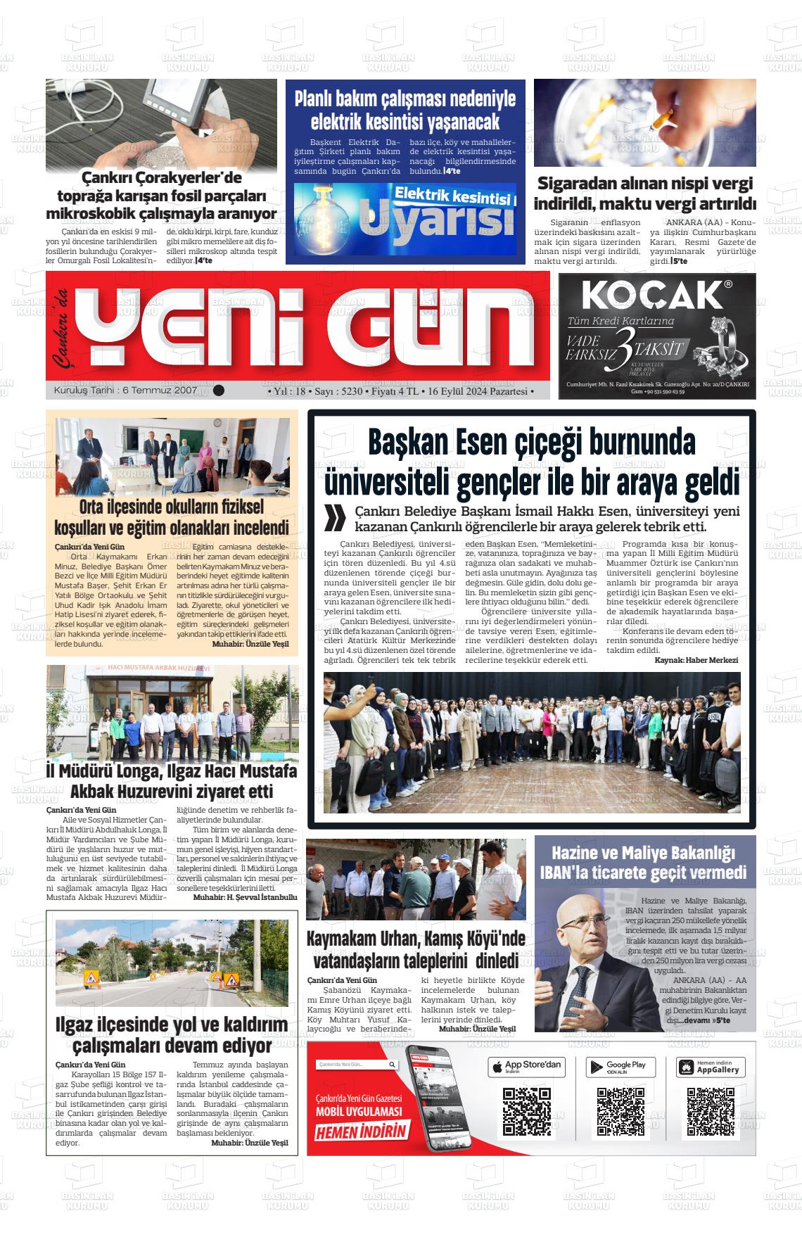 16 Eylül 2024 Çankırıda Yenigün Gazete Manşeti