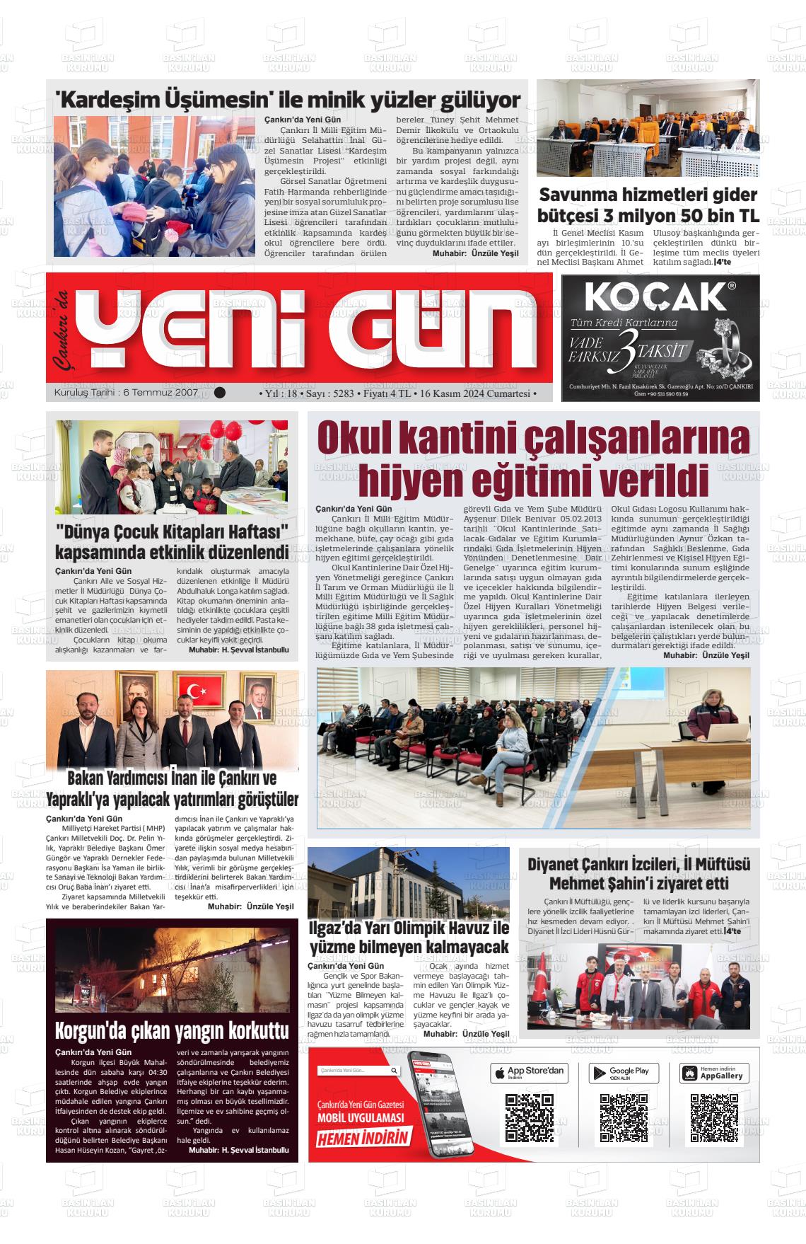 16 Kasım 2024 Çankırıda Yenigün Gazete Manşeti