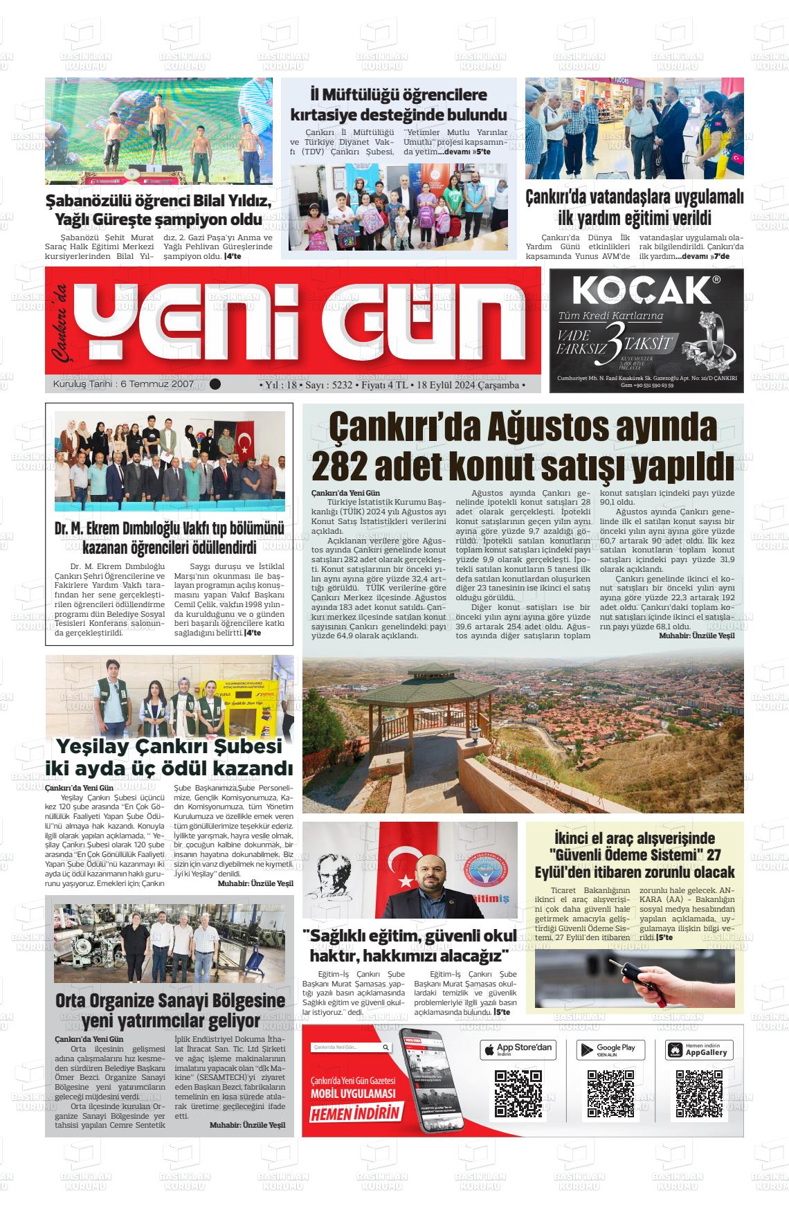 18 Eylül 2024 Çankırıda Yenigün Gazete Manşeti