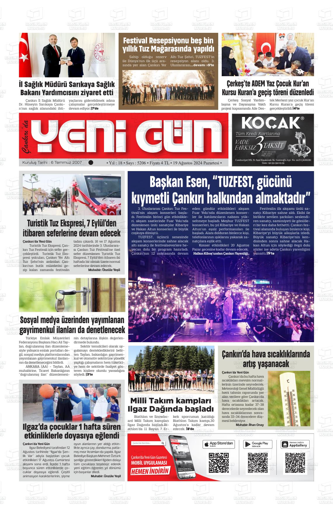 19 Ağustos 2024 Çankırıda Yenigün Gazete Manşeti