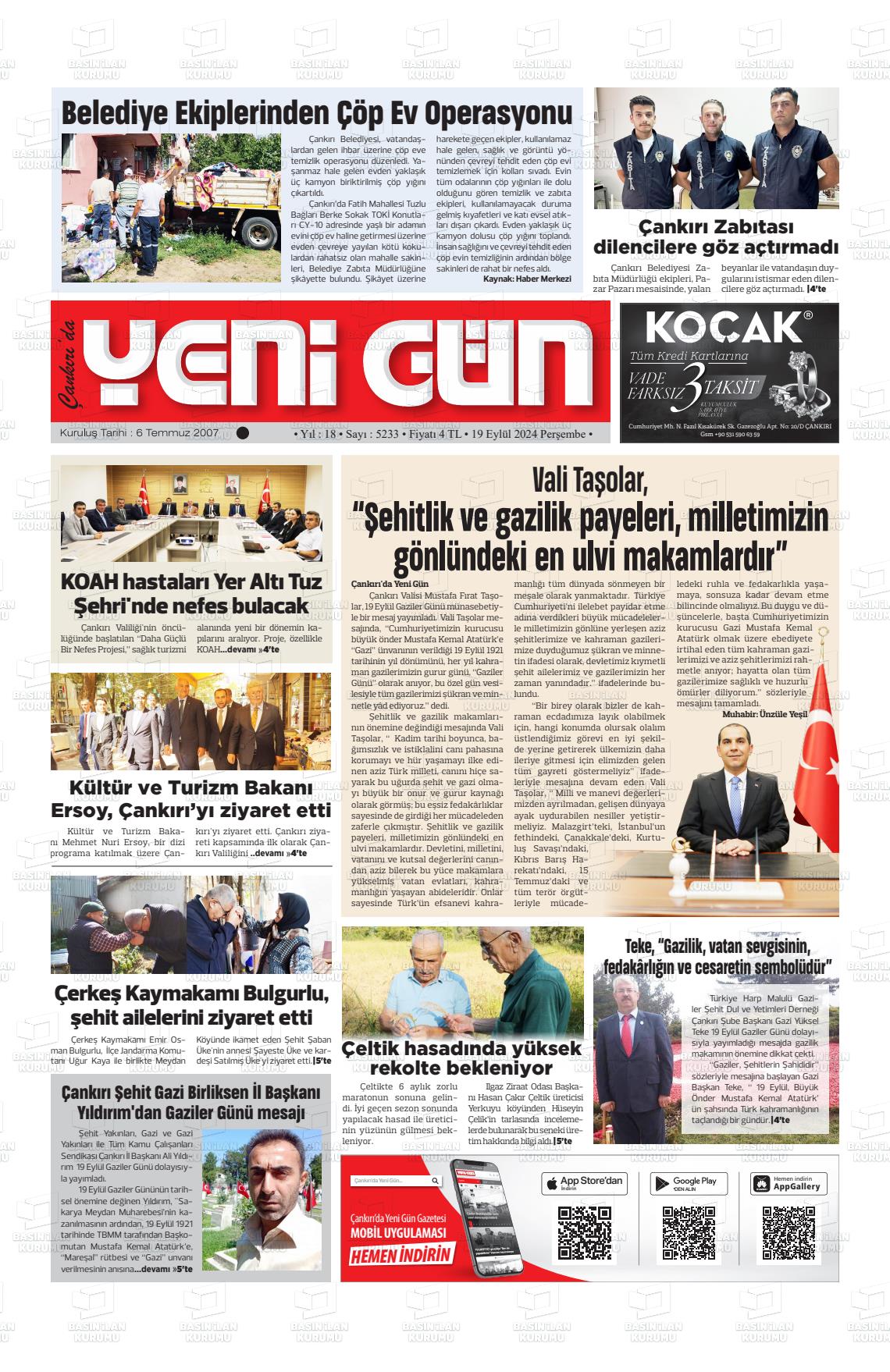 19 Eylül 2024 Çankırıda Yenigün Gazete Manşeti