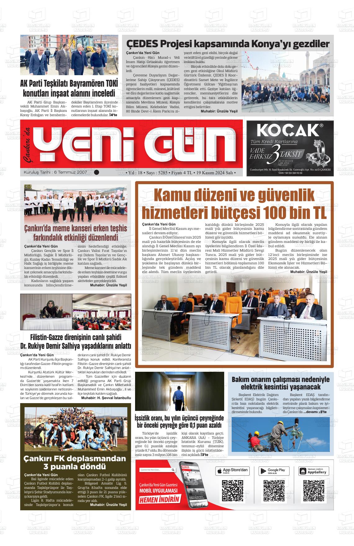 19 Kasım 2024 Çankırıda Yenigün Gazete Manşeti