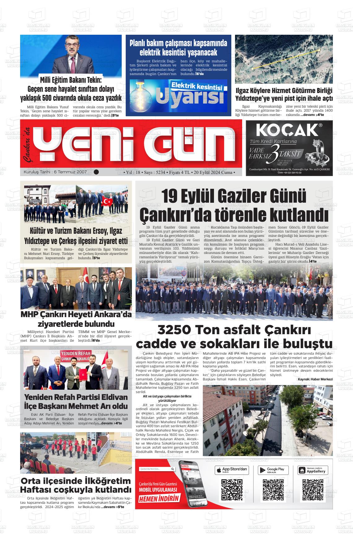 20 Eylül 2024 Çankırıda Yenigün Gazete Manşeti