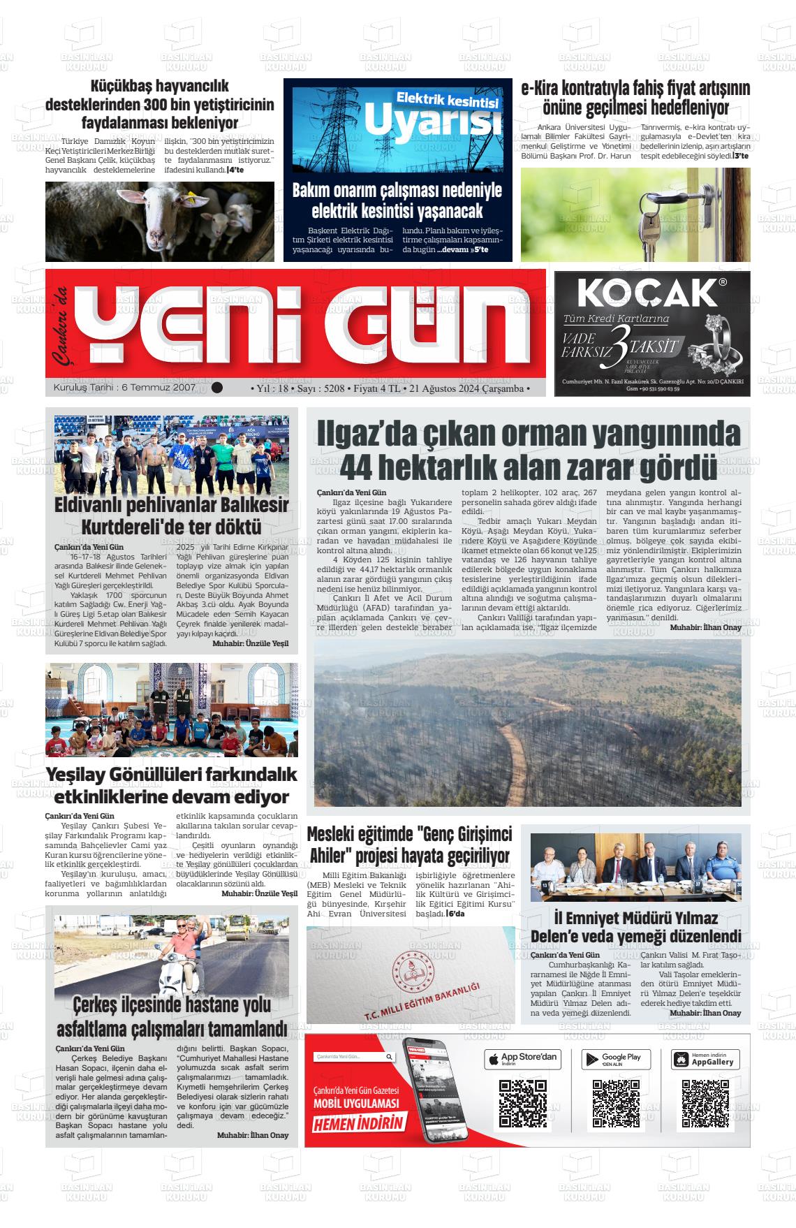 21 Ağustos 2024 Çankırıda Yenigün Gazete Manşeti