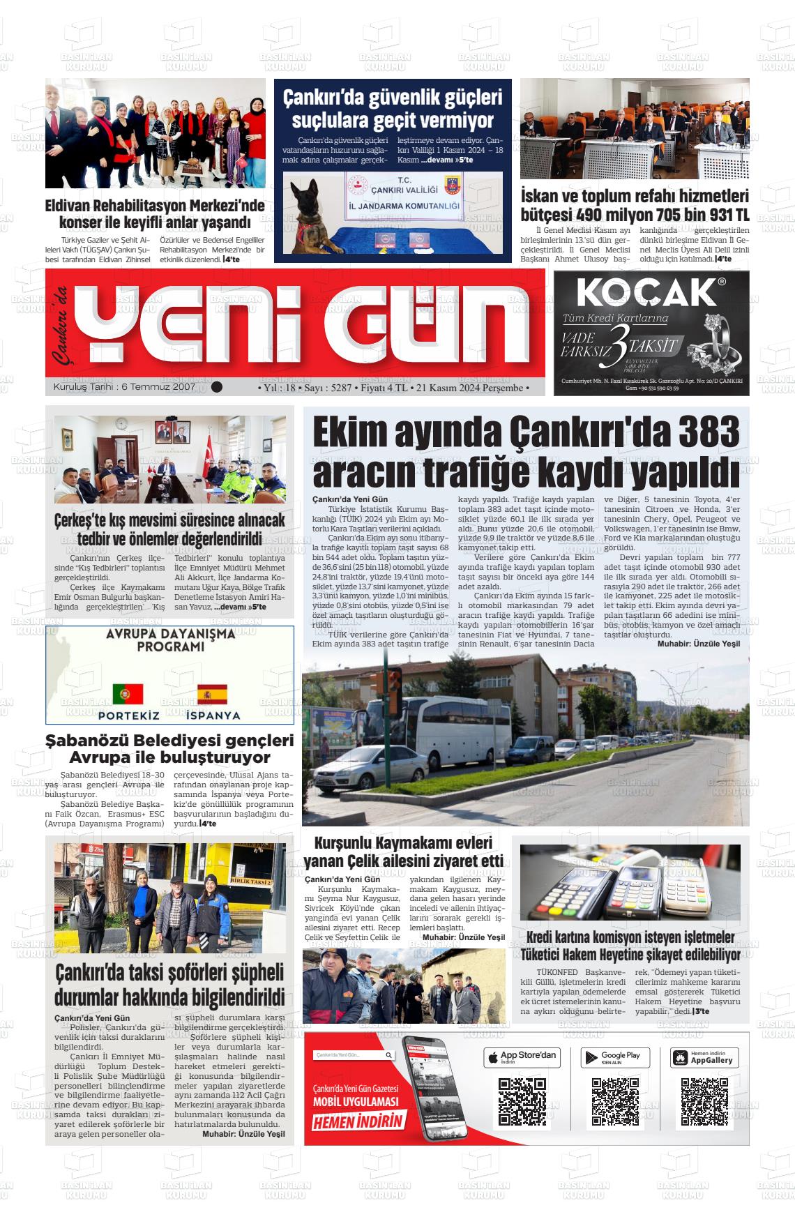 21 Kasım 2024 Çankırıda Yenigün Gazete Manşeti