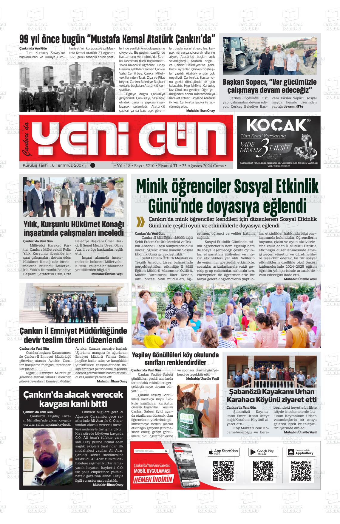 23 Ağustos 2024 Çankırıda Yenigün Gazete Manşeti